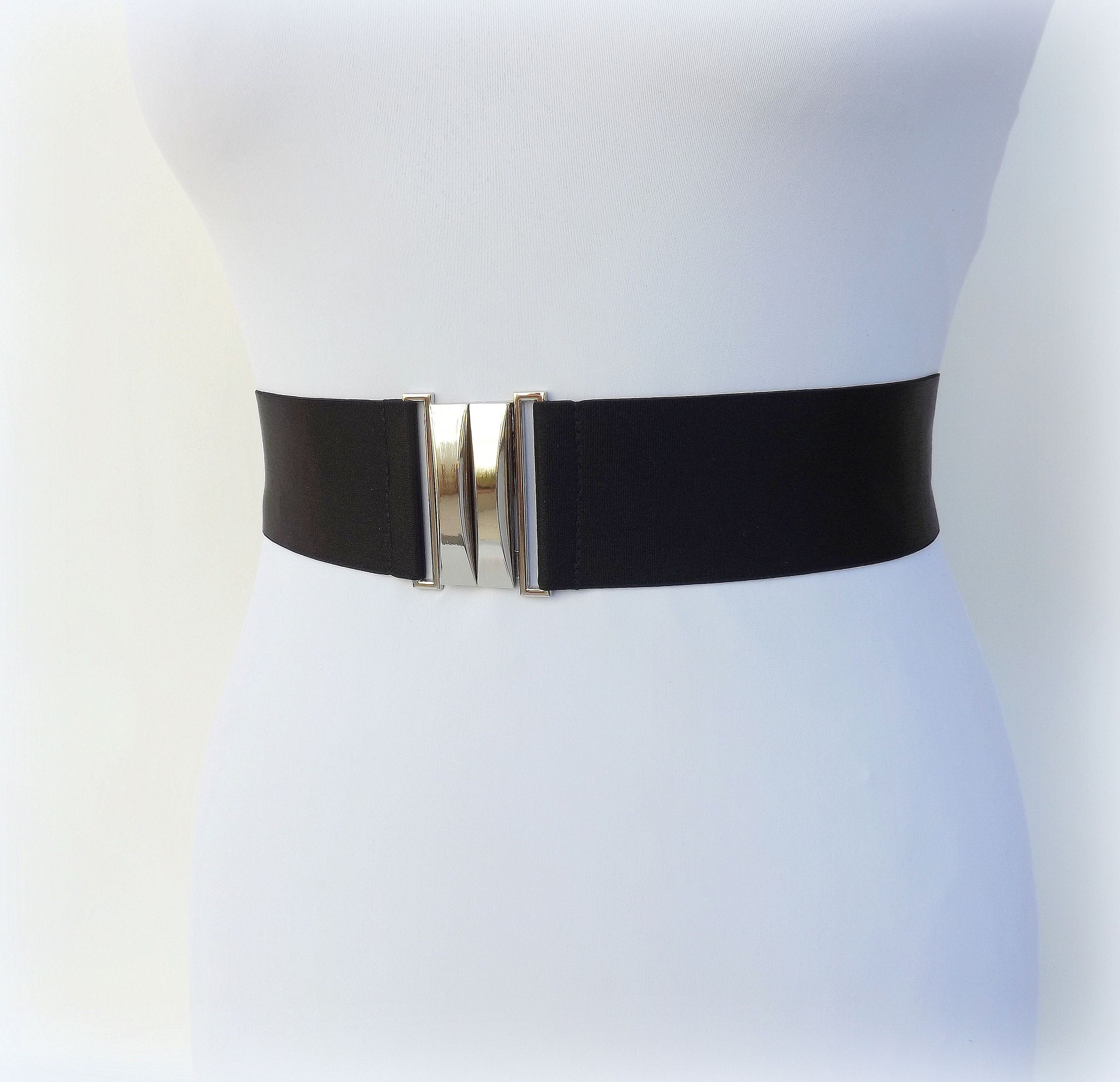 Black Wide Elastic Waist Belt With Silver Clasp for Women - Etsy display picture 2