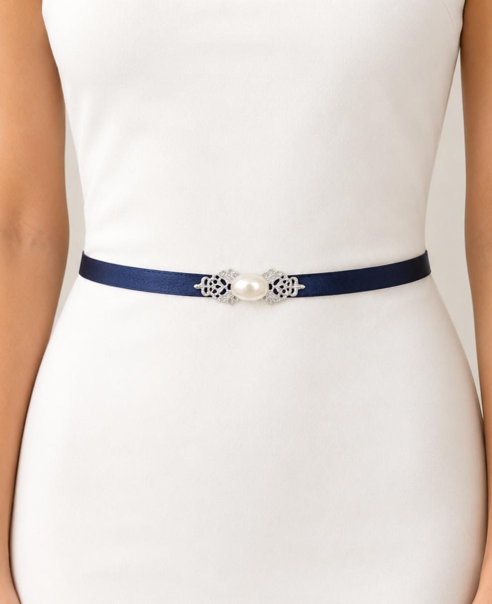 navy blue wedding dress belt Navy Blue Bridal Thin Elastic Silver Vintage Jeweled Pearl Wedding Dress  Belt