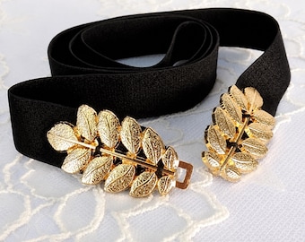 Women's Black Elastic Gold Leaf Waist Belt, Available in Regular and Plus Size