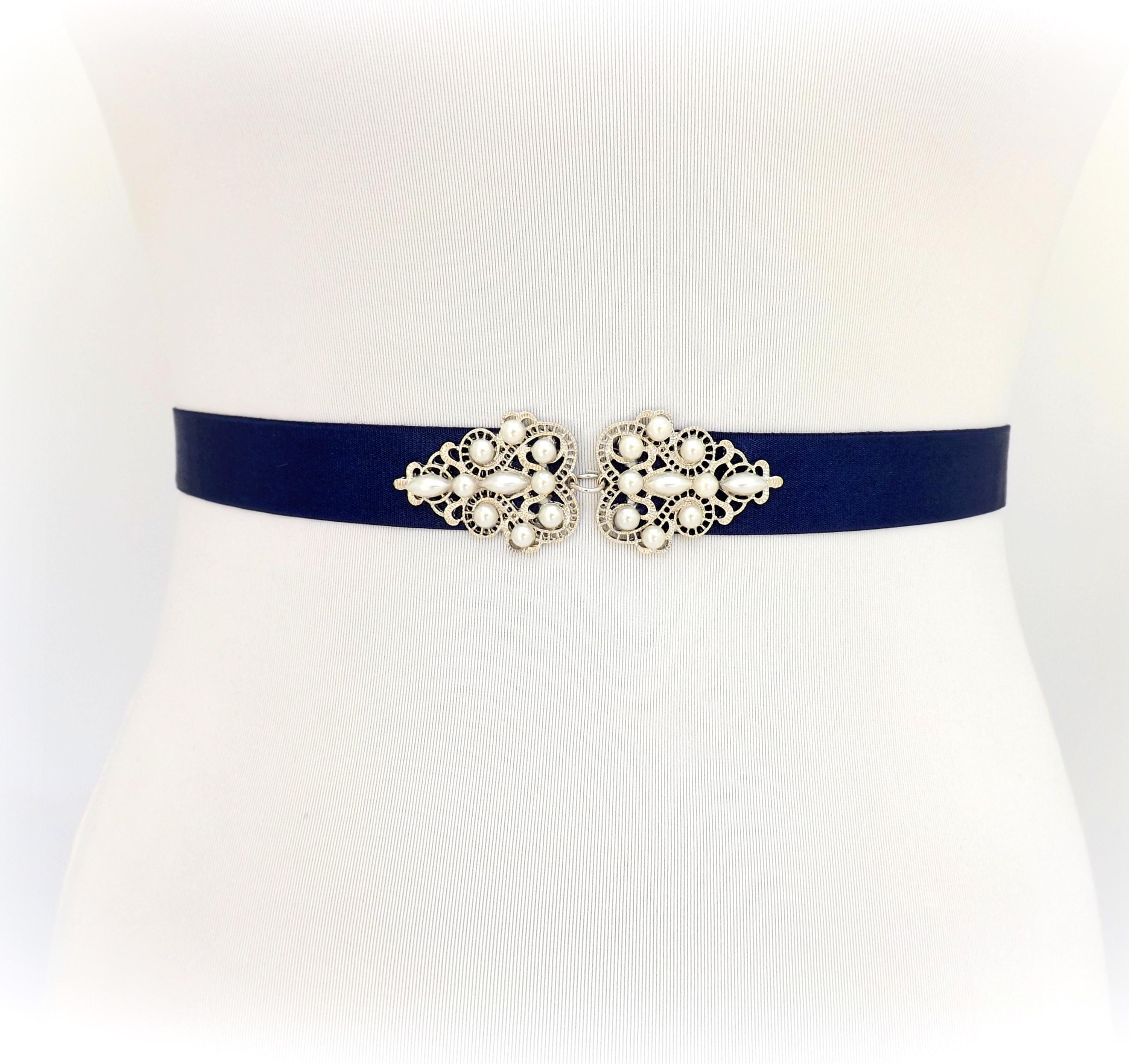 Navy Leather Belt With Pearls - Etsy display picture 3