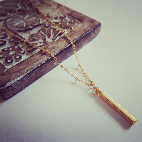 Gold bar necklace pendant on satellite chain - vertical 22kt matte gold plated