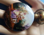 Antique Brass Porcelain Enamel Perfume Bottle Chatelaine