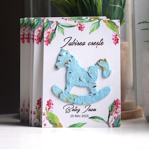 Tarjetas de caballo mecedor plantables - Juego de 10 tarjetas de papel con semillas - Recuerdos de papel con flores silvestres para bautizo