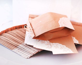 Brown paper gift bag | Doily craft paper bags with hemp bow and accordion sides | giftwrap favour party bags - 20 pcs