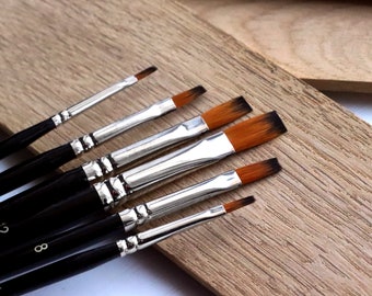 Set of  6 flat  paint brushes  - sizes  2, 4, 6, 8, 10, 12 fine bristle hairs watercolor brush - Fine quality artist painting brush set