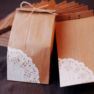 Brown paper gift bag Doily craft paper bags with hemp bow and accordion sides giftwrap favour party bags 20 pcs image 5