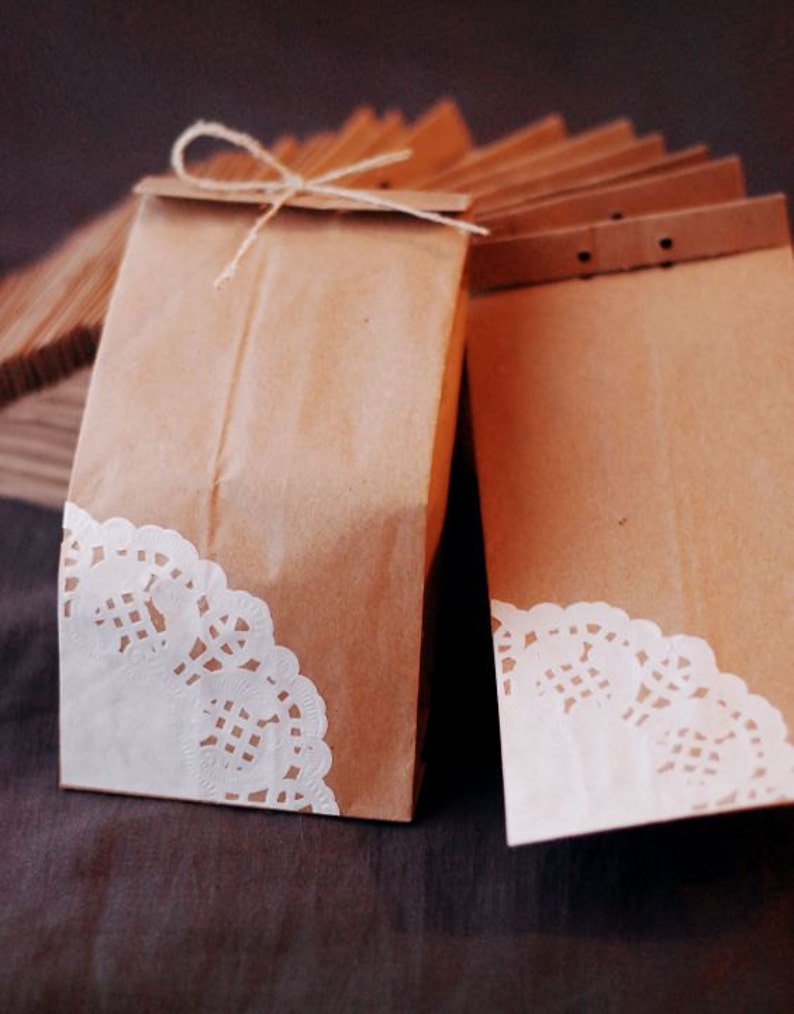 Brown paper gift bag Doily craft paper bags with hemp bow and accordion sides giftwrap favour party bags 20 pcs image 5