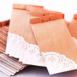 Brown paper gift bag Doily craft paper bags with hemp bow and accordion sides giftwrap favour party bags 20 pcs image 4