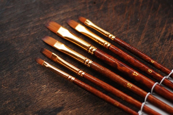 Set of 6 Flat Paint Brushes Sizes 2, 4, 6, 8, 10, 12 Fine Bristle Hairs Watercolor  Brush Fine Quality Artist Painting Brush Set 