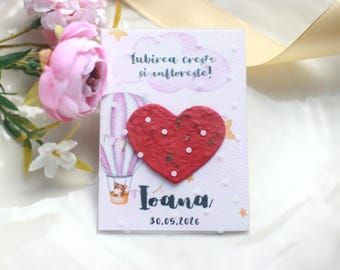 Plantable heart favor with seeds & petals - Wildflower seeds card with red heart -  Wedding seed paper favors