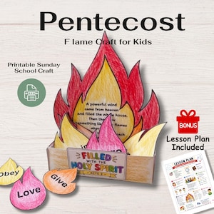 May include: A colorful Pentecost-themed craft for kids, featuring a paper flame design with the text "Filled with the Holy Spirit." Includes a lesson plan and additional flame cutouts with words like "Love" and "Give."