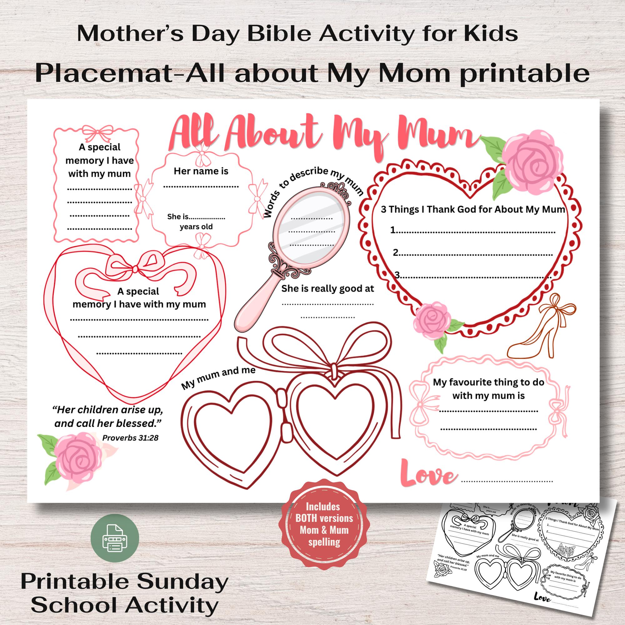Mothers Day Worksheet All About My Mom Christian Kids Placemat ...