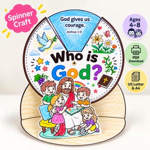 May include: A circular paper spinner craft featuring the text Who is God? and God gives us courage. Joshua 1:9. The design includes colorful illustrations of a dove, flowers, a Bible, and a central image of a figure reading to four children.