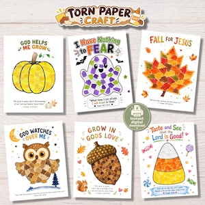 May include: Six printable craft sheets featuring torn paper art designs including a yellow pumpkin, a purple ghost, a maple leaf, an owl, an acorn, and candy corn. Each sheet includes religious text and verses, with a title reading Torn Paper Craft.