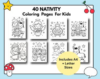 May include: A collection of 40 Nativity coloring pages for kids, featuring illustrations of the Nativity scene. The pages include images of Mary, Joseph, baby Jesus, angels, and animals. The text "40 NATIVITY Coloring Pages For Kids" is displayed at the top. Includes A4 and Letter sizes.