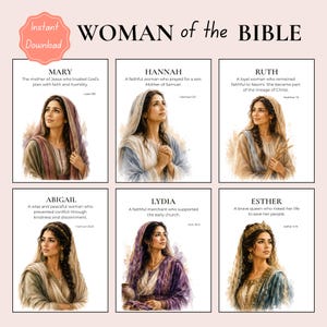 May include: A set of six watercolor prints featuring women from the Bible. Each print includes a portrait of a woman, her name, and a brief description. The title "WOMAN of the BIBLE" is displayed at the top.