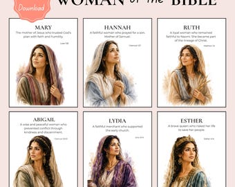 May include: A set of six watercolor prints featuring women from the Bible. Each print includes a portrait of a woman, her name, and a brief description. The title "WOMAN of the BIBLE" is displayed at the top.
