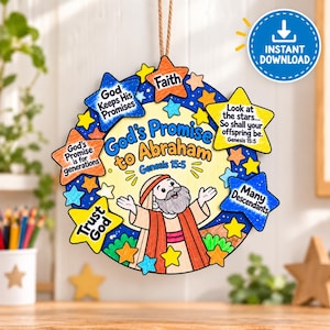 May include: A circular hanging craft featuring a cartoon illustration of a man with a beard and outstretched arms. The text reads God's Promise to Abraham Genesis 15:5, surrounded by colorful stars with phrases like Faith, Trust God, and God Keeps His Promises.