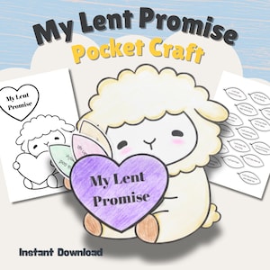 May include: A digital download featuring a cartoon lamb holding a purple heart with "My Lent Promise" text. The image includes a coloring page and a page with Lent promises. The words "Pocket Craft" and "Instant Download" are also visible.