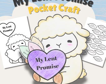 May include: A digital download featuring a cartoon lamb holding a purple heart with "My Lent Promise" text. The image includes a coloring page and a page with Lent promises. The words "Pocket Craft" and "Instant Download" are also visible.