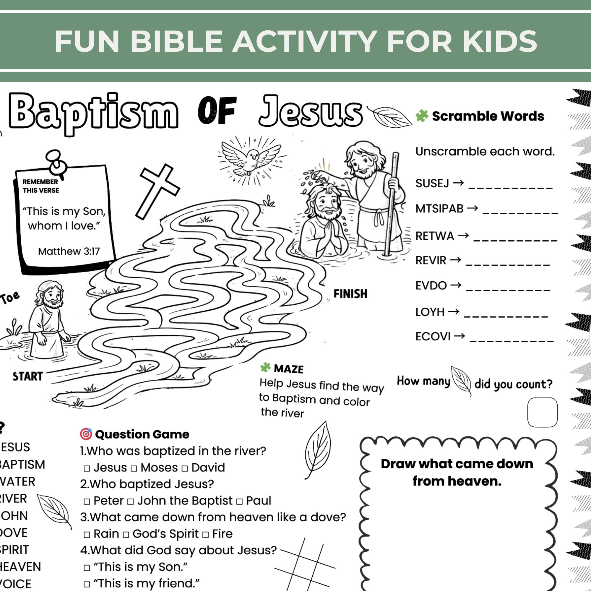 Baptism of Jesus Worksheet for Kids | Bible Activity Placemat | Sunday ...