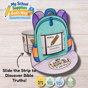 May include: A paper craft backpack in teal, purple, and orange with a sliding strip featuring text and illustrations. The center panel displays a pencil graphic with the text 'Pencil. Write a story that honors God. 1 Corinthians 10:31'.