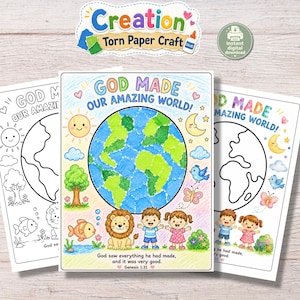 May include: A printable craft sheet titled God Made Our Amazing World featuring a central globe made of torn paper, surrounded by illustrations of a sun, moon, clouds, a lion, a fish, a butterfly, and two children with the text Genesis 1:31.