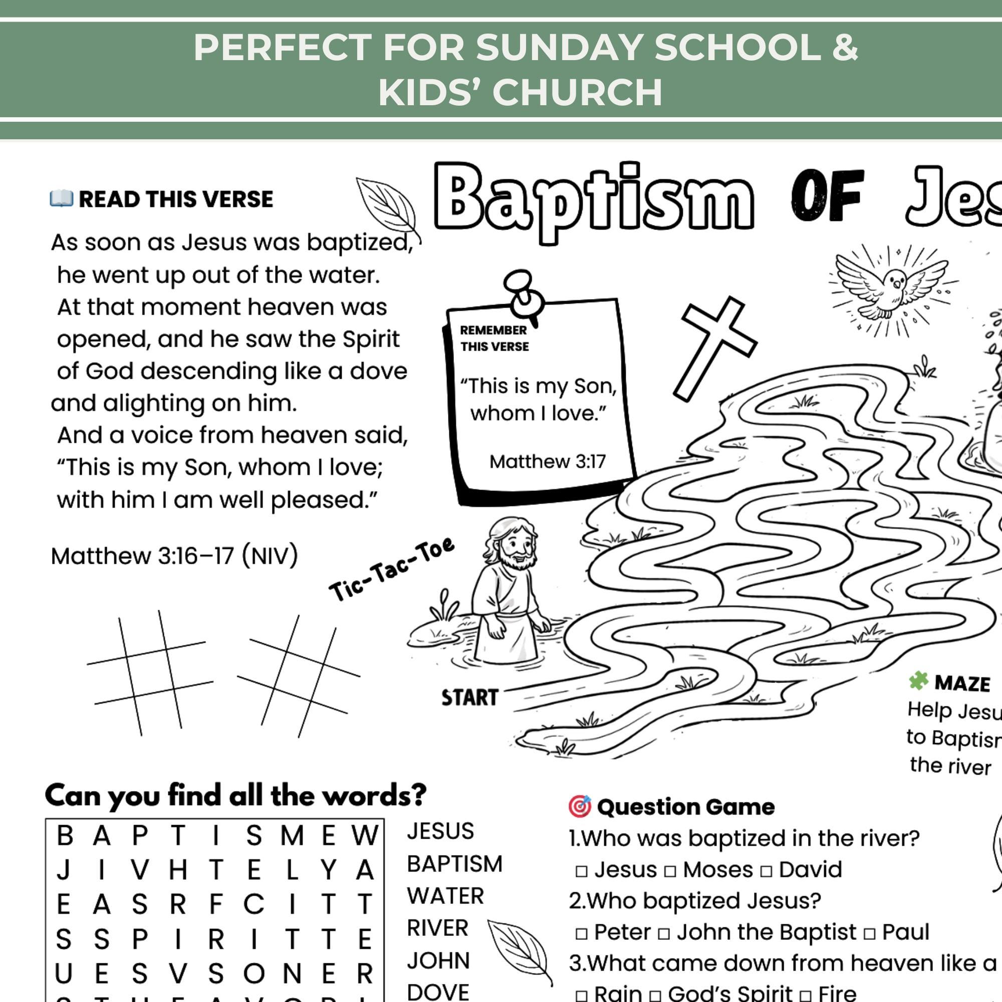 Baptism of Jesus Worksheet for Kids | Bible Activity Placemat | Sunday ...