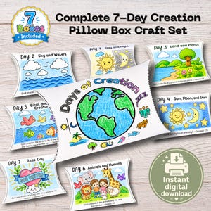 May include: A complete 7-day creation pillow box craft set featuring seven individual boxes with colourful illustrations and text depicting biblical creation themes. Each box is labelled by day, including Day 1 through Day 7, with a central Days of Creation box.