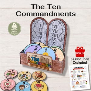 May include: An educational set featuring "The Ten Commandments." It includes a box with Roman numeral tablets, circular cards with numbers and illustrations, and a lesson plan. The set is designed for children's learning.
