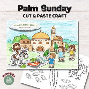 Könnte beinhalten: Ein farbenfrohes Palm Sonntag Bastelprojekt mit einer biblischen Szene. Es zeigt Jesus auf einem Esel, Kinder mit Palmzweigen und den Text "Hosanna in the Highest!" Matthäus 21:9 (KJV).