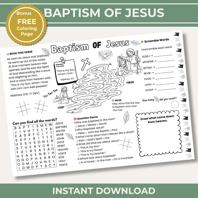 Baptism of Jesus Worksheet for Kids | Bible Activity Placemat | Sunday ...
