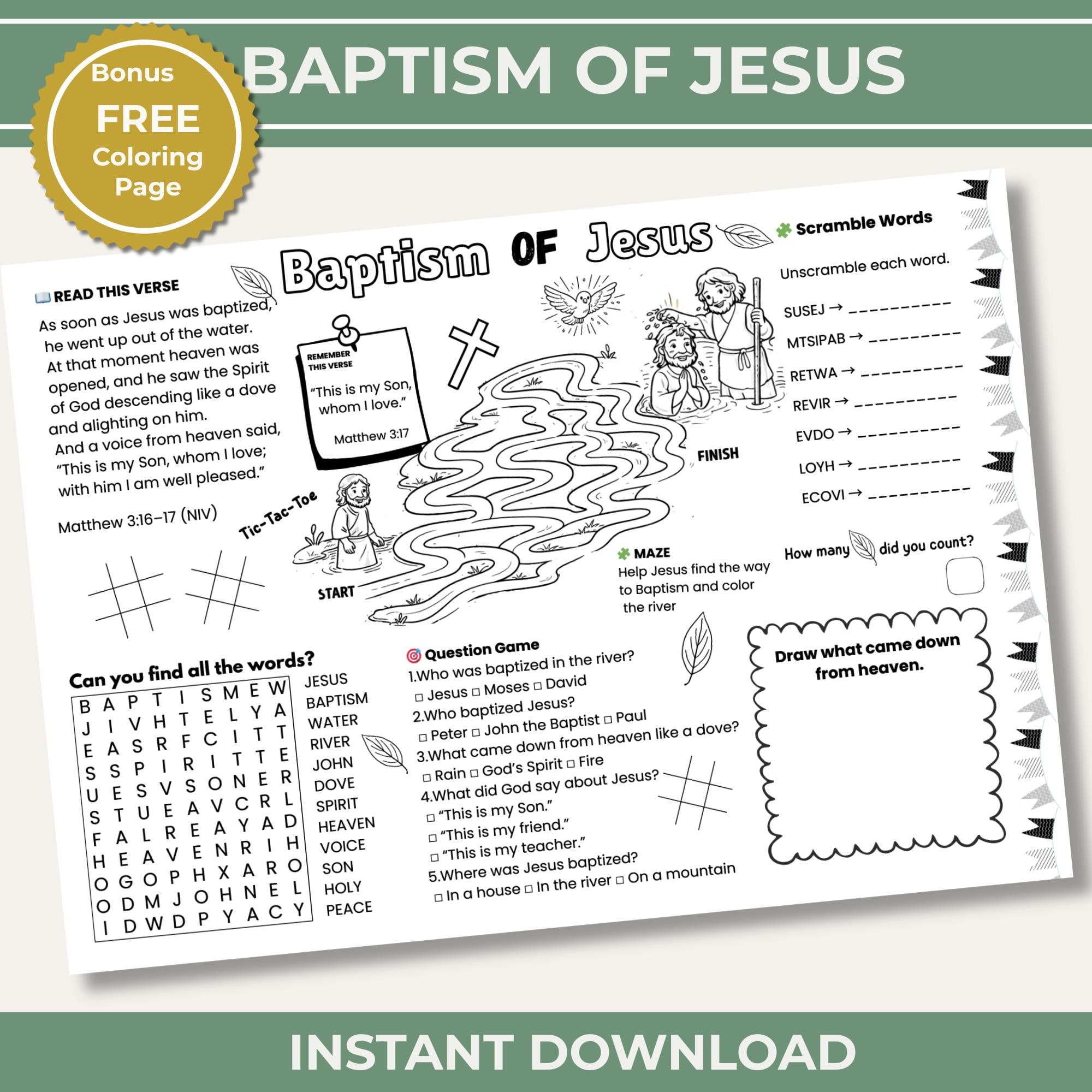 Baptism of Jesus Worksheet for Kids | Bible Activity Placemat | Sunday ...