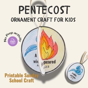 Könnte beinhalten: Ein Pfingstornament-Bastelprojekt für Kinder. Das runde Ornament ist geteilt und zeigt auf der einen Seite blauen Wind und auf der anderen Flammen. Der Text enthält "Ein Wind erschien" und "Ein mächtiger Wind kam".