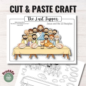 Könnte beinhalten: Ein druckbares "Ausschneide- und Klebehandwerk" mit einer Illustration des "Letzten Abendmahls" mit Jesus und seinen 12 Jüngern. Das Bild zeigt einen Tisch mit Brot, Wein und dem Bibelvers "Tut dies zu meinem Gedächtnis." aus Lukas 22,19.