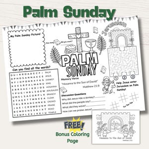 Puede incluir: Una hoja de actividades del Domingo de Ramos en blanco y negro con las palabras "Palm Sunday" en la parte superior. Incluye un laberinto, una búsqueda de palabras y una página para colorear. Presenta símbolos religiosos y texto.