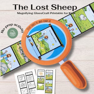 May include: A colorful children's printable activity titled "The Lost Sheep." The image features a magnifying glass over a story strip with illustrations of a shepherd and sheep. The text "JESUS LOVES US AND FINDS US" is visible.