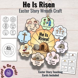 May include: Easter Story Wreath Craft with the text "He Is Risen!" and illustrations of the Easter story. Includes teaching cards and coloring pages. The wreath features images of Jesus, the tomb, and angels.