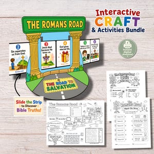 May include: An interactive Romans Road craft and activities bundle featuring a 3D archway with numbered slides, a quiz sheet, and a worksheet. The text includes 'The Romans Road', 'The Road to Salvation', 'Slide the Strip to Discover Bible Truths', and 'Interactive CRAFT & Activities Bundle'.