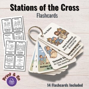 May include: A set of "Stations of the Cross" flashcards, featuring illustrations and text. The cards are held together by a metal ring. The set includes 14 flashcards, with the text "Stations of the Cross" and "Flashcards" at the top.