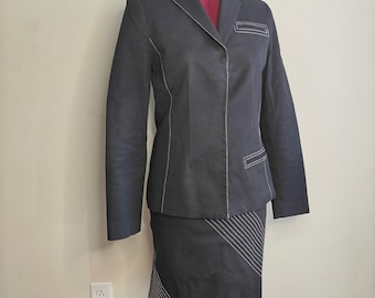 Vintage Y2K Poleci Black Contrast Stitch Skirt Suit Set Blazer 8 Skirt 6 USA