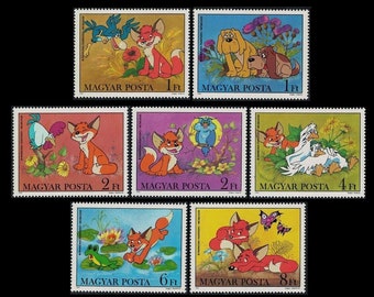 Colourful Red Fox Postage Stamps / Children's Story Animated Film / Vintage Hungary / Child's Room Decor, Kids Crafts, Collage Art / Vuk