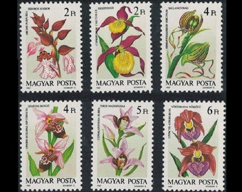 Colourful Orchids on 1987 Postage Stamps Hungarian / Gardener Gift Tag, Altered Book Spread, Artist Trading Card Series, Summer Scrapbook