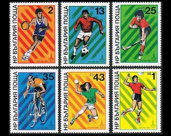 Vintage Bulgarian Postage Stamps / 1980 Summer Olympics / Cycling, Soccer, Vollyball, Grass Hockey, Basketball, Football / Colourful Images
