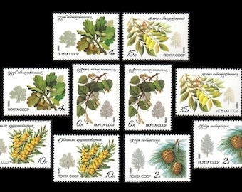 Trees and Leaves on 1980 Russian Postage Stamps / Protect the Environment / Nature Junk Journal, Forest Collage Art, USSR Altered Book / MNH