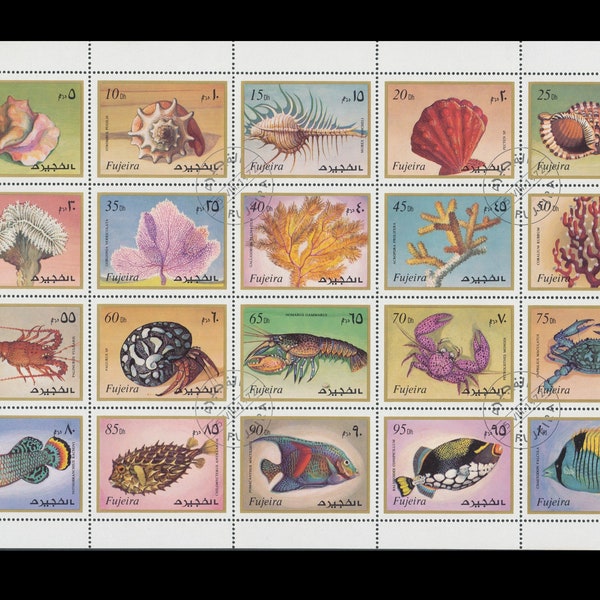 Fabulous Lot of Marine Life Large Postage Stamps / 1972 Fujeira / Fish, Coral, Lobsters, Crabs, Shells, Seaweed / Memories of the Beach, ATC