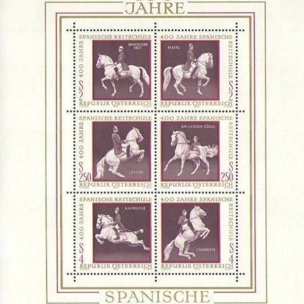 Famous Spanish Riding School on 1972 Postage Stamps / Vintage Austria / Lipizzaner Horses / Gold Accents / Collage Material Embellishment