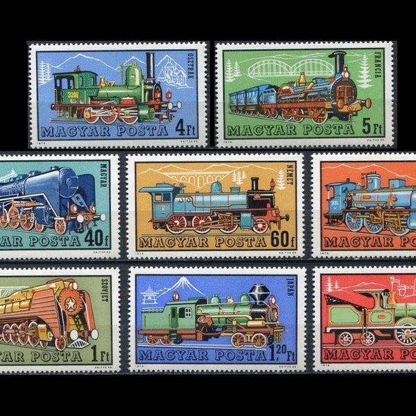 1972 Locomotive  Train Postage Stamps from Hungary / Railroad Enthusiasts, Altered Art, Mixed Media, Visual Journalling / Antique Engines