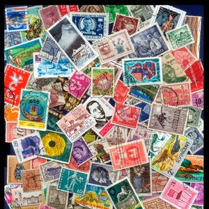 May include: A collection of colorful postage stamps from various countries, including Canada, New Zealand, Czechoslovakia, and more. The stamps feature a variety of designs, including flowers, animals, and buildings.