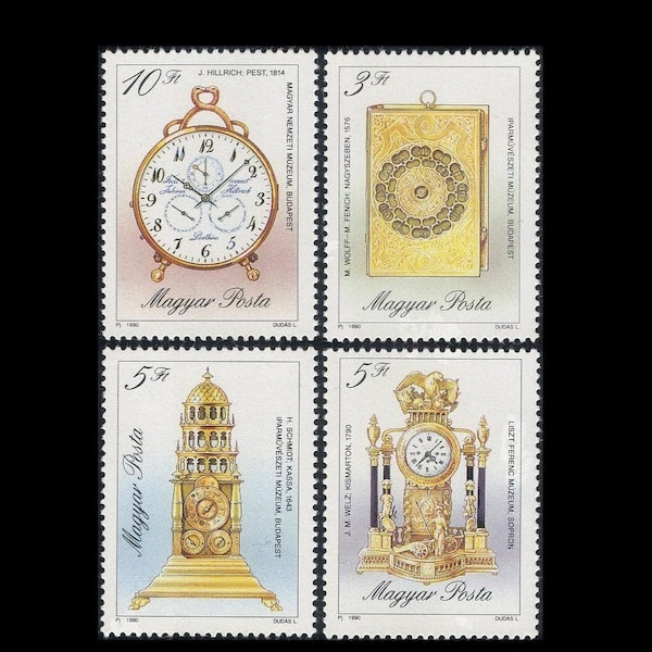 Antique Clocks on 1990 Hungarian Postage Stamps / Timepieces, Mantel, Table / Time Travel Collage, Back To The Future ATC Series, Decoupage